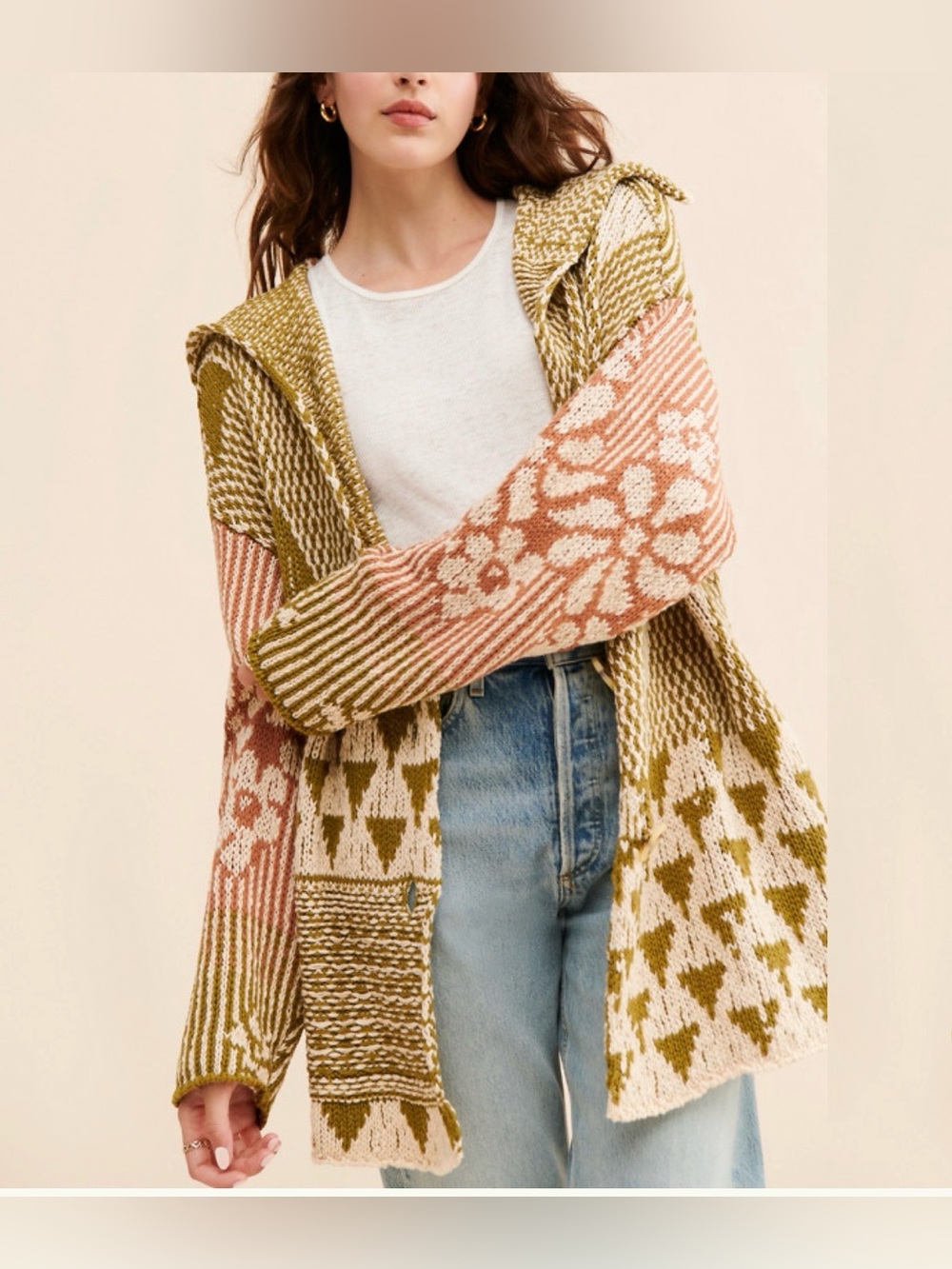 Free People Tate Knit Cardigan Aztec Print Large Buttons oversized size M